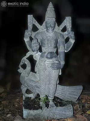 50" Lord Kartikeya With Peacock In Stone | Hand Carved | Granite Stone Statue