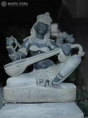 61" Goddess Saraswati Large Sized Stone Idol | Hand Carved | Granite Stone Statue