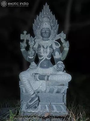 77" Large Sized Statue Of Goddess Mariamman Seated On Pedstal | Hand Carved | Granite Stone Statue