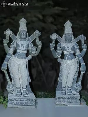 84" Pair Of Lord Vishnu Large Sized Stone Idol | Hand Carved | Granite Stone Statue