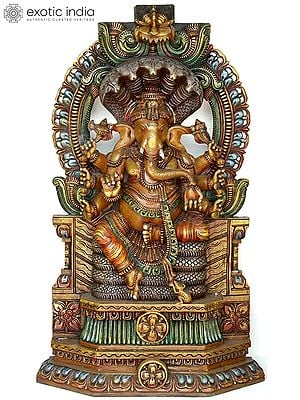 70" Ashtabhuj Lord Ganesha Seated On Kirtimukha Throne | Vaagai Wood Statue