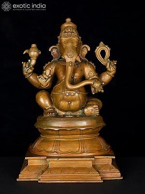 14" Chaturbhuja Lord Ganesha Seated on Lotus Pedestal | Bronze Statue