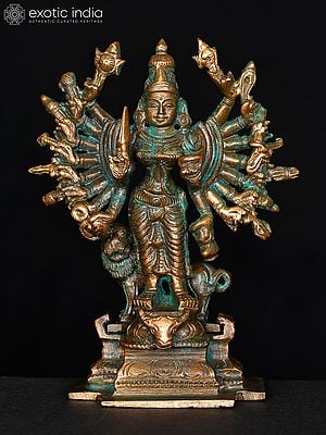 5" Small Eighteen Armed Standing Goddess Durga | Bronze Statue