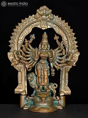 9" Eighteen Armed Standing Goddess Durga with Kirtimukha Prabhavali | Bronze Statue