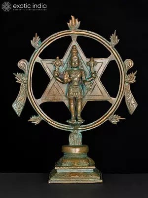 13" Sudarshan Vishnu (Chakrathalwar) with Goddess Lakshmi on Reverse | Bronze Statue