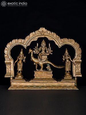 13" Shanmukha Murugan with His Consorts Devasena and Valli | Bronze Statue