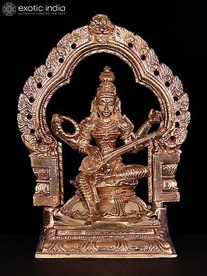 5" Small Goddess Saraswati Seated on Kirtimukha Throne | Bronze Statue