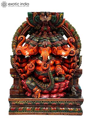 24" Panchamukhi Lord Ganesha Seated on Kirtimukha Throne | Wood Carved Statue