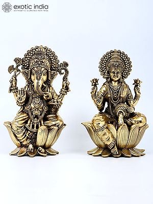 7" Superfine Blessing Ganesha - Lakshmi Pair | Brass Statues