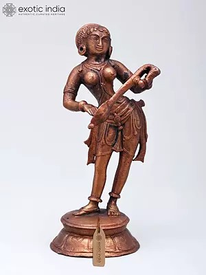 6" Small Copper Statue of Apsara Playing Musical Instrument