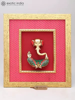 15" Stylized Lord Ganesha | Wood Framed Brass Sculpture | Wall Hanging