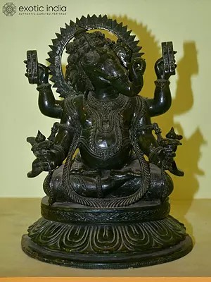 15" Chaturbhuj Lord Ganesha Holding Lotus and Book in his Hand | Orissa Stone Statue | Exquisite Handmade Indian Art