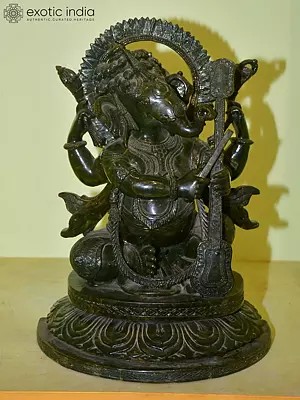 15" Chaturbhuj Lord Ganesha Holding Veena in Hand | Orissa Stone Statue | Exquisite Handmade Indian Art