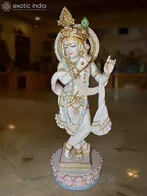 47" Lord Krishna Playing Flute | Orissa Stone Statue with Base | Exquisite Handmade Indian Art