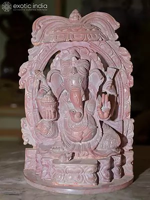 10" Lord Ganesha Sitting in Blessing Pose | Orissa Red Stone Statue | Exquisite Handmade Indian Art