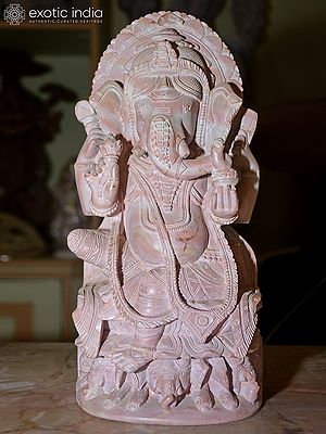 13" Chaturbhuj Lord Ganesha | Orissa Red Stone Statue | Exquisite Indian Handmade Art