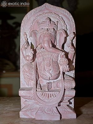 13" Chaturbhuj Lord Ganesha Seated on Throne | Orissa Stone Statue | Exquisite Indian Handmade Art