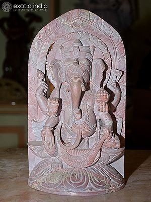 11" Six Armed Lord Ganesha Seated on Lotus Throne | Orissa Stone Statue | Exquisite Indian Handmade Art