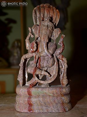 13" Lord Ganesha Standing Under the Hood of Sheshnag | Orissa Stone Statue | Exquisite Indian Handmade Art