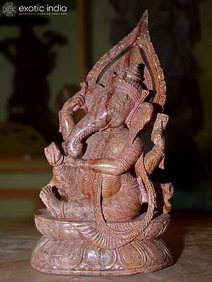 12" Lord Ganesha Seated on a Lotus Seat | Orissa Red Stone Statue | Exquisite Indian Handmade Art