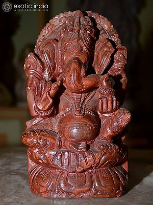 8" Chaturbhuj Lord Ganesha | Orissa Red Stone Statue | Exquisite Indian Handmade Art