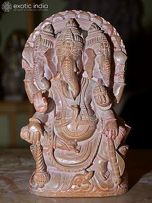 8" Trimukhi Lord Ganesha | Orissa Red Stone Statue | Exquisite Indian Handmade Art