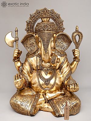 45" Large Vighnaharta Lord Ganesha Seated Gesture with Four Arms | Brass Statue | Made in India