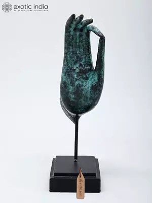 11" Lord Buddha’s Blessing Hand with Lotus Imprint | Brass Sculpture on Wooden Base