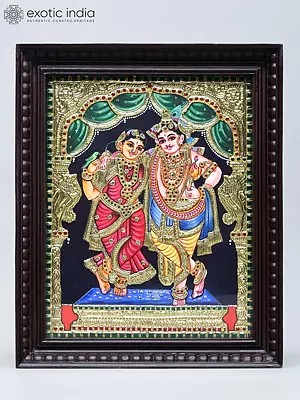 Lord Krishna and Rukmini - Handmade Tanjore Painting | Traditional Colors with 24 Karat Gold | With Frame