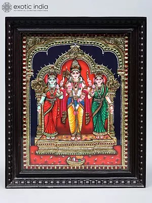 Lord Kartikeya Standing with Devasena and Valli | Traditional Colors with 24 Karat Gold | Tanjore Painting with Frame