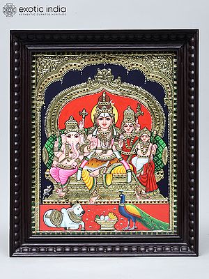 Lord Shiva Family Seated on Kirtimukha Throne | Traditional Colors with 24 Karat Gold | Tanjore Painting with Frame