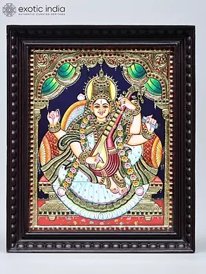 Four Armed Goddess Saraswati Playing Sitar | Traditional Colors with 24 Karat Gold | Tanjore Painting with Frame