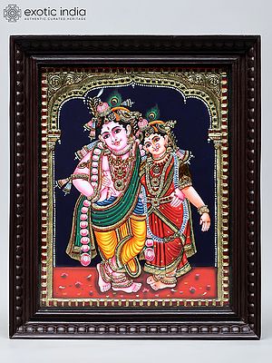 Lord Krishna and Radha in Standing Gesture | Handmade Tanjore Painting | Traditional Colors with 24 Karat Gold | With Frame