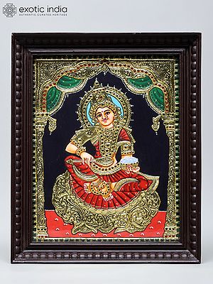 Seated Goddess Annapurna | Handmade Tanjore Painting | Traditional Colors with 24 Karat Gold | With Frame