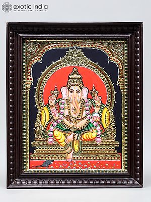 Chaturbhuja Lord Ganesha Seated on Throne | Handmade Tanjore Painting | Traditional Colors with 24 Karat Gold | With Frame