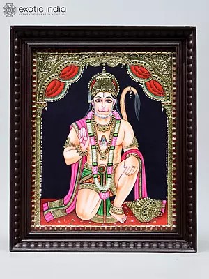 Lord Hanuman Seated in Blessing Gesture | Handmade Tanjore Painting | Traditional Colors with 24 Karat Gold | With Frame