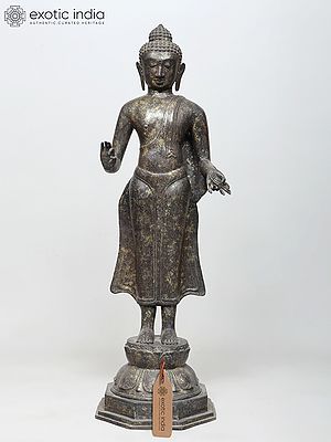 38" Large Standing Lord Buddha in Vitark Mudra | Brass Statue