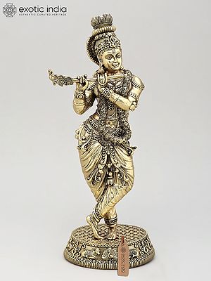 13" Superfine Standing Lord Krishna Playing Flute | Brass Statue