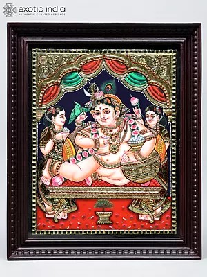 Navaneetha Krishna with Pot of Butter | Traditional Colors with 24 Karat Gold | Framed Tanjore Painting