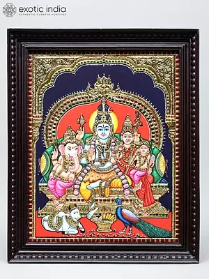 Lord Shiva Family Seated on Throne | Traditional Colors with 24 Karat Gold | Framed Tanjore Painting