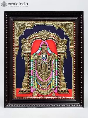 Lord Venkateswara (Tirupati Balaji) in Standing Gesture | Traditional Colors with 24 Karat Gold | Framed Tanjore Painting