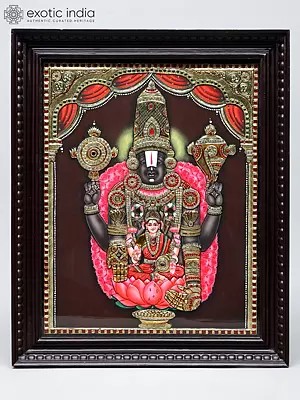 Lord Tirupati Balaji with Goddess Lakshmi and Vaishnava Symbols | Traditional Colors with 24 Karat Gold | Framed Tanjore Painting