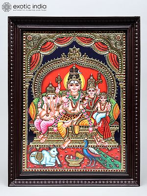 Lord Shiva Seated with Family on Kirtimukha Throne | Traditional Colors with 24 Karat Gold | Tanjore Painting with Frame
