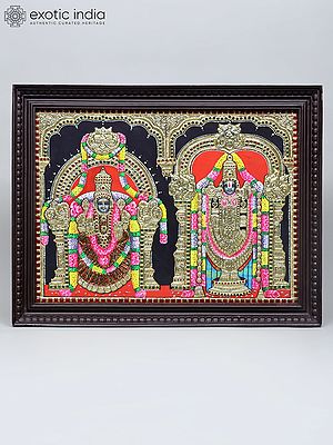 Lord Venkateswara and Goddess Padmavathi | Traditional Colors with 24 Karat Gold | Tanjore Painting with Frame