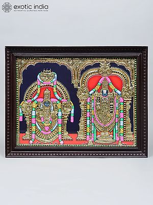 Lord Tirupati Balaji (Venkateswara) and Goddess Padmavathi (Thayar) | Traditional Colors with 24 Karat Gold | Tanjore Painting with Frame