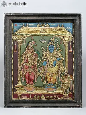 Goddess Andal and Lord Rangamannar (Lord Vishnu) | Traditional Colors with 24 Karat Gold | Embossed Three Dimensional Vintage Tanjore Painting