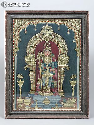 Lord Murugan in Regal Attire | Traditional Colors with 24 Karat Gold | Tanjore Painting with Vintage Frame