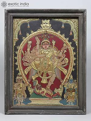 Ten Armed Lord Shiva As Nataraja | Traditional Colors with 24 Karat Gold | Tanjore Painting with Vintage Frame