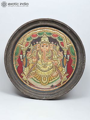 Lord Ganapati Seated on Asana with Mushak | Traditional Colors with 24 Karat Gold | Tanjore Painting with Frame