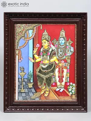 Goddess Grihalakshmi with Lord Vishnu | Traditional Colors with 24 Karat Gold | Tanjore Painting with Frame